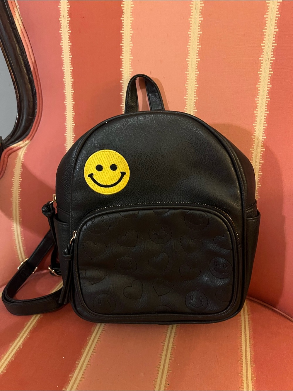 Olivia Miller Black Faux Leather Smiley Face Mini Backpack Purse Back to School
